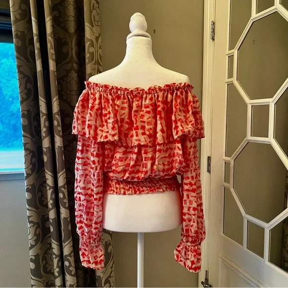 DKNY Colorful Silk Off the Shoulder Ruffle Blouse - M - Picture 3 of 7
